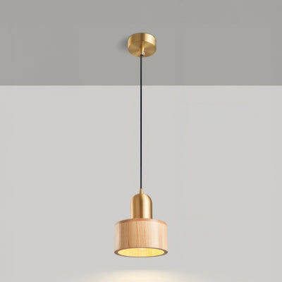 Japanese Cylinder Pendant Light – Minimalist Brass & Wood LED Hanging Lamp