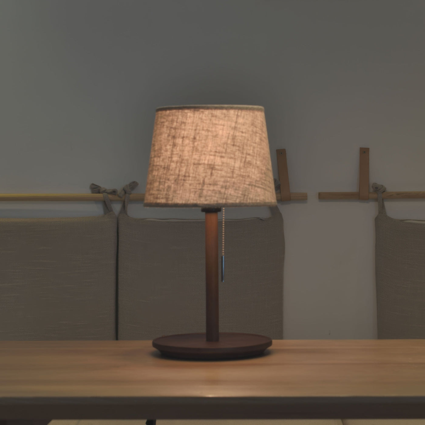 Gentle Glow Nordic Walnut Lamp – Elegant Wooden Table Light with Fabric Shade (E27, LED)