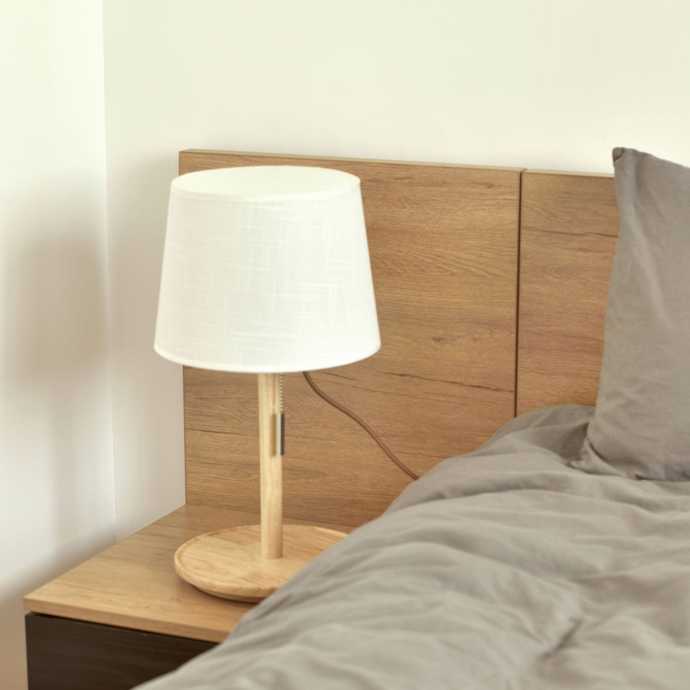 Gentle Glow Nordic Walnut Lamp – Elegant Wooden Table Light with Fabric Shade (E27, LED)