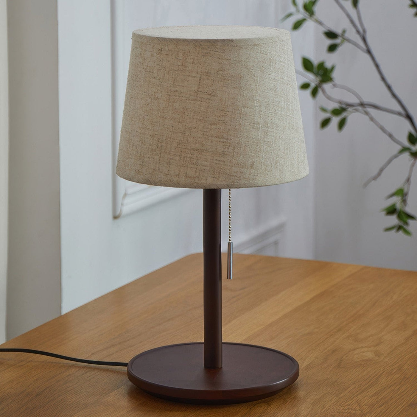 Gentle Glow Nordic Walnut Lamp – Elegant Wooden Table Light with Fabric Shade (E27, LED)