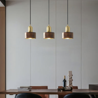 Japanese Cylinder Pendant Light – Minimalist Brass & Wood LED Hanging Lamp