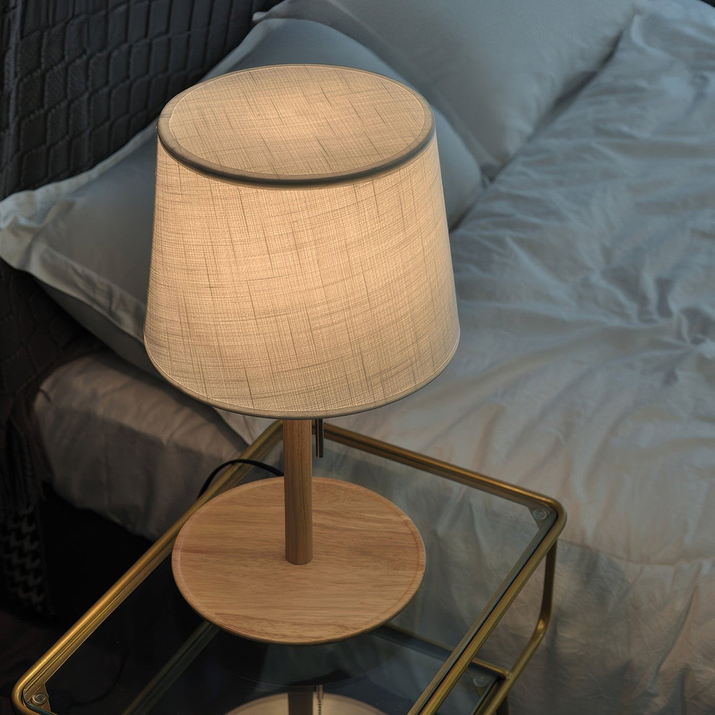 Gentle Glow Nordic Walnut Lamp – Elegant Wooden Table Light with Fabric Shade (E27, LED)