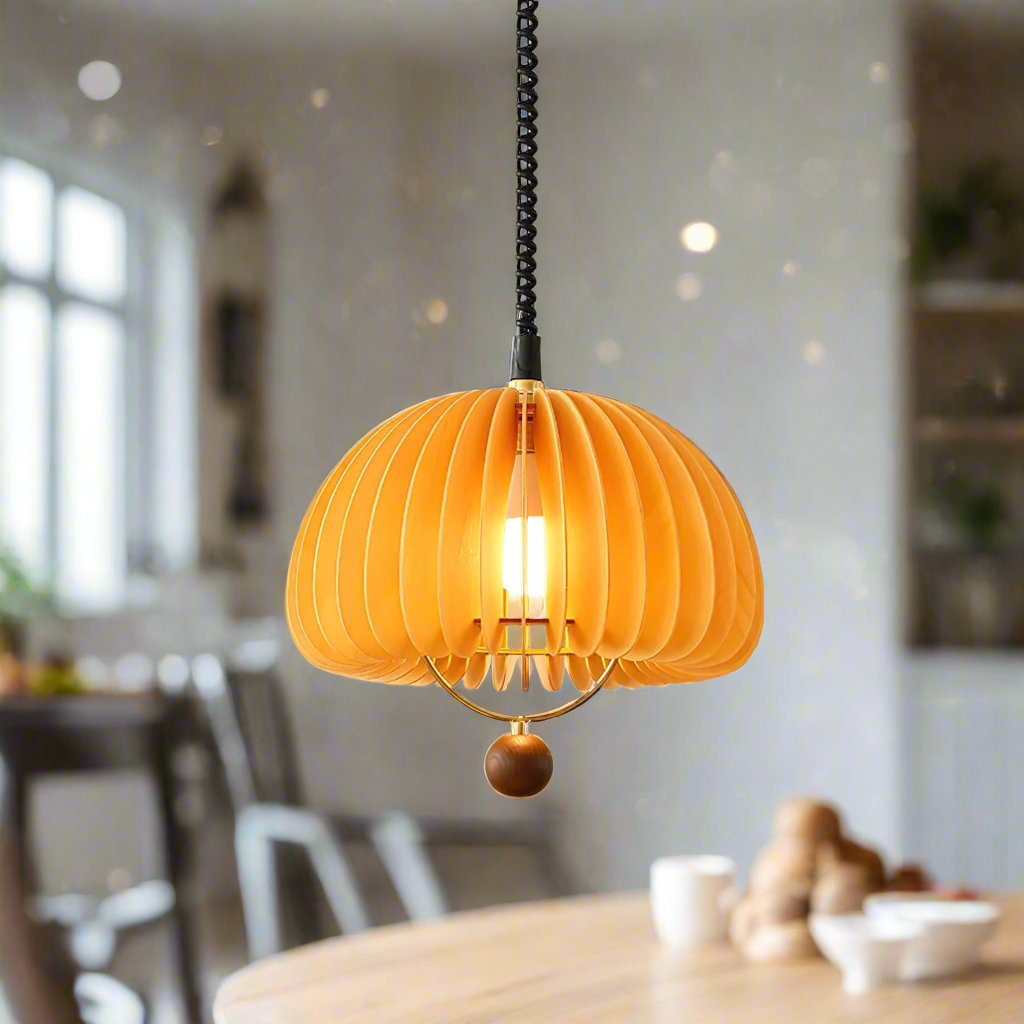 Pumpkin Pendant Light – Adjustable Wooden & Metal Hanging Lamp for a Cosy Atmosphere