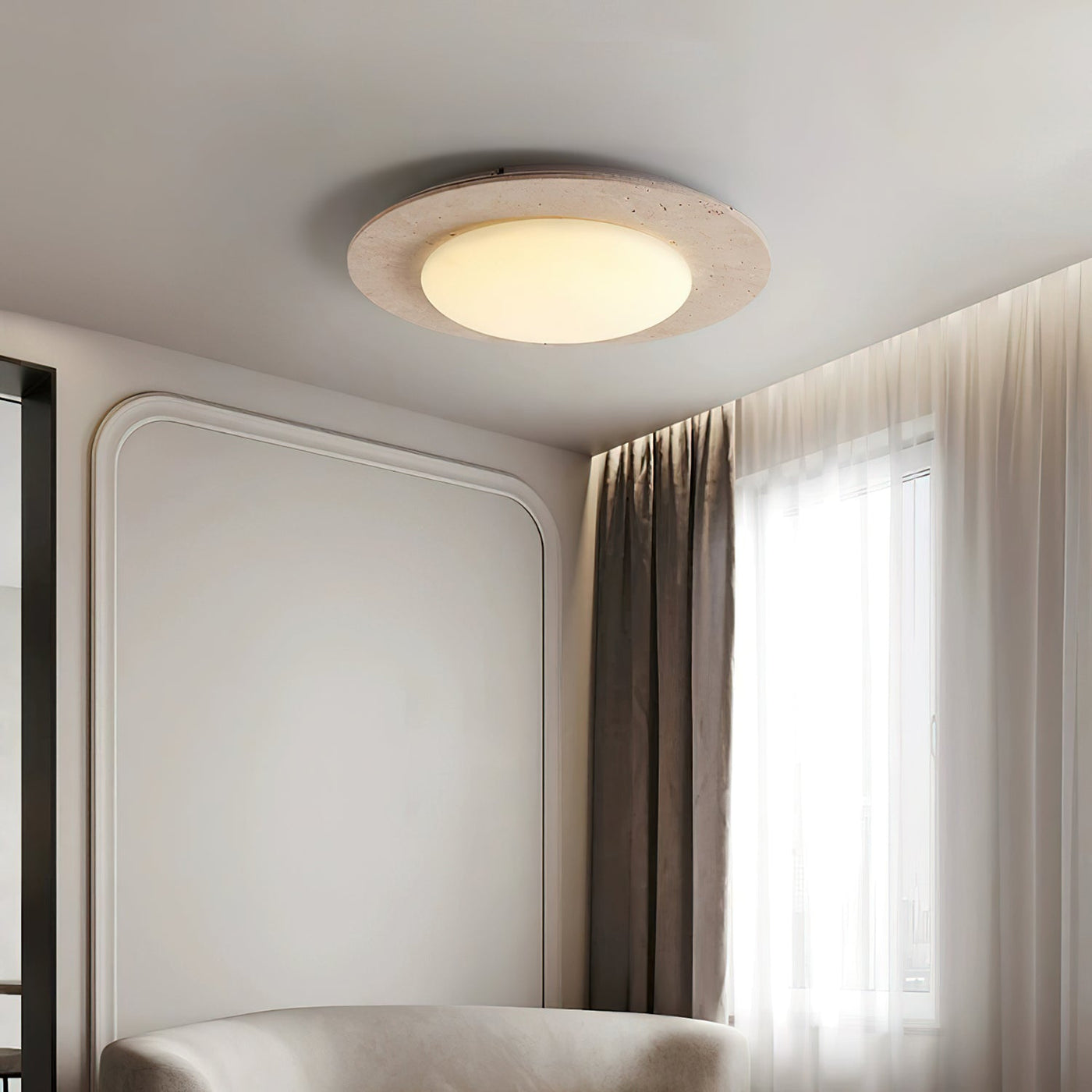 Sky Dome Ceiling Light – Travertine & Solid Wood LED Fixture (30cm, 3000K-6000K, Modern Design)