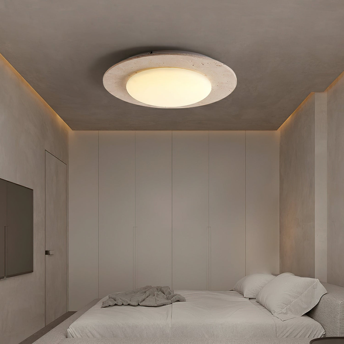 Sky Dome Ceiling Light – Travertine & Solid Wood LED Fixture (30cm, 3000K-6000K, Modern Design)