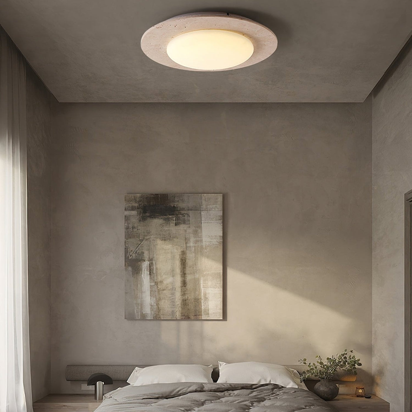 Sky Dome Ceiling Light – Travertine & Solid Wood LED Fixture (30cm, 3000K-6000K, Modern Design)