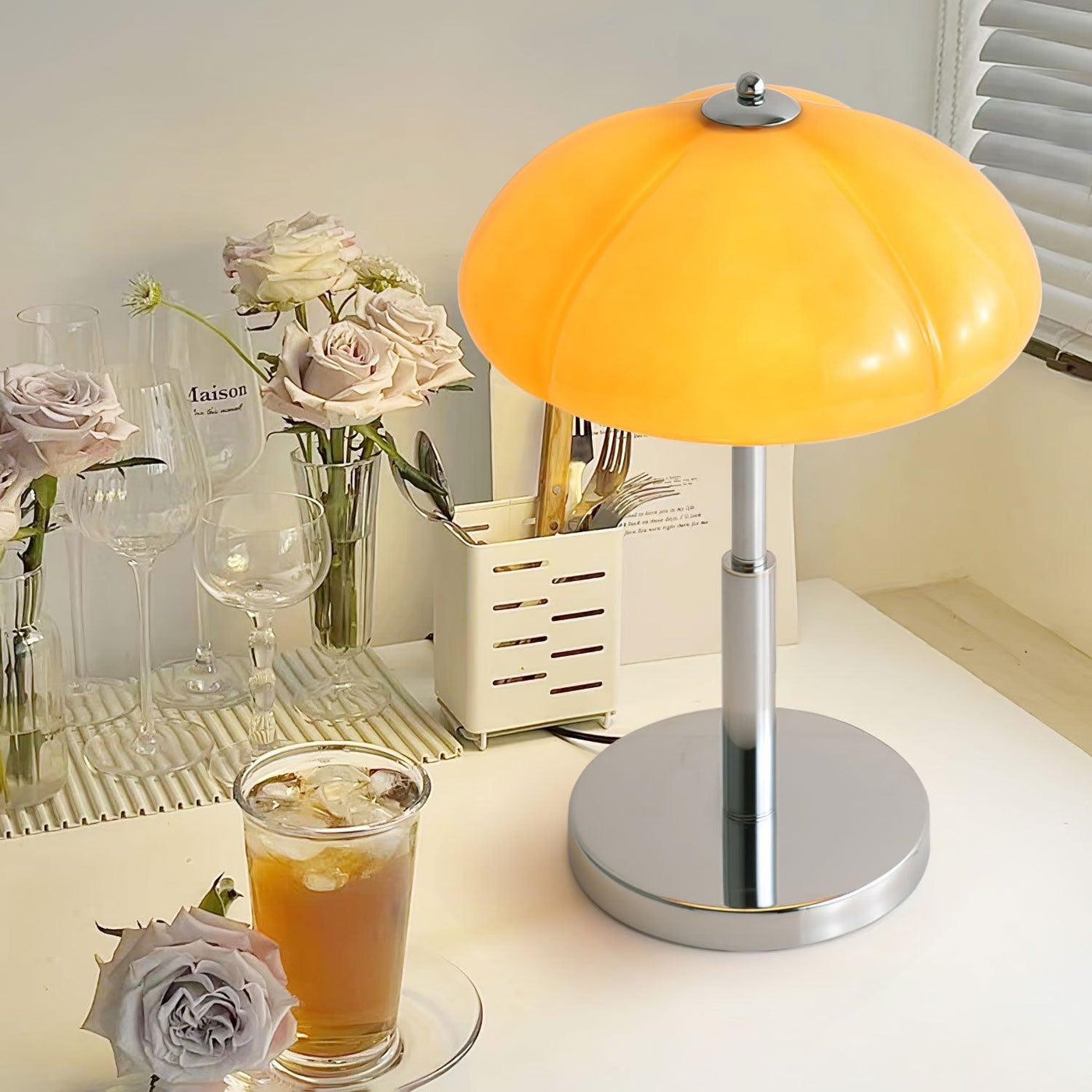 Mushroom Bauhaus Table Lamp – Timeless Amber Glass & Metal Design