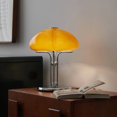 Mushroom Bauhaus Table Lamp – Timeless Amber Glass & Metal Design