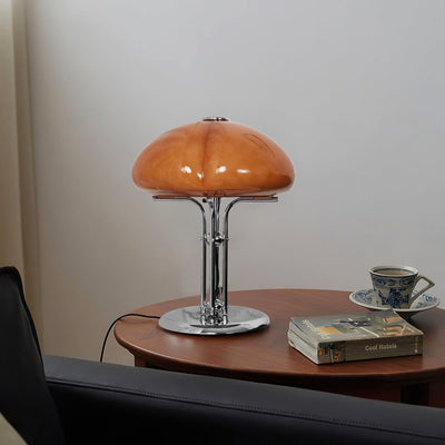 Mushroom Bauhaus Table Lamp – Timeless Amber Glass & Metal Design