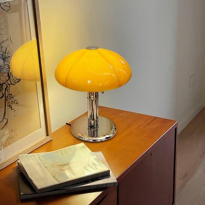 Mushroom Bauhaus Table Lamp – Timeless Amber Glass & Metal Design