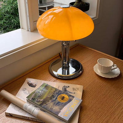Mushroom Bauhaus Table Lamp – Timeless Amber Glass & Metal Design