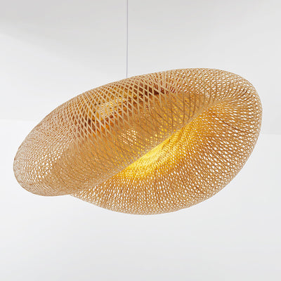 Handwoven Chinese Bamboo Pendant Light – Natural Rattan Wave Shade (E27, LED Compatible)