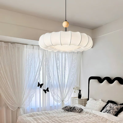Winnie Veil Pendant Light – Elegant Fabric & Wood LED Ceiling Lamp