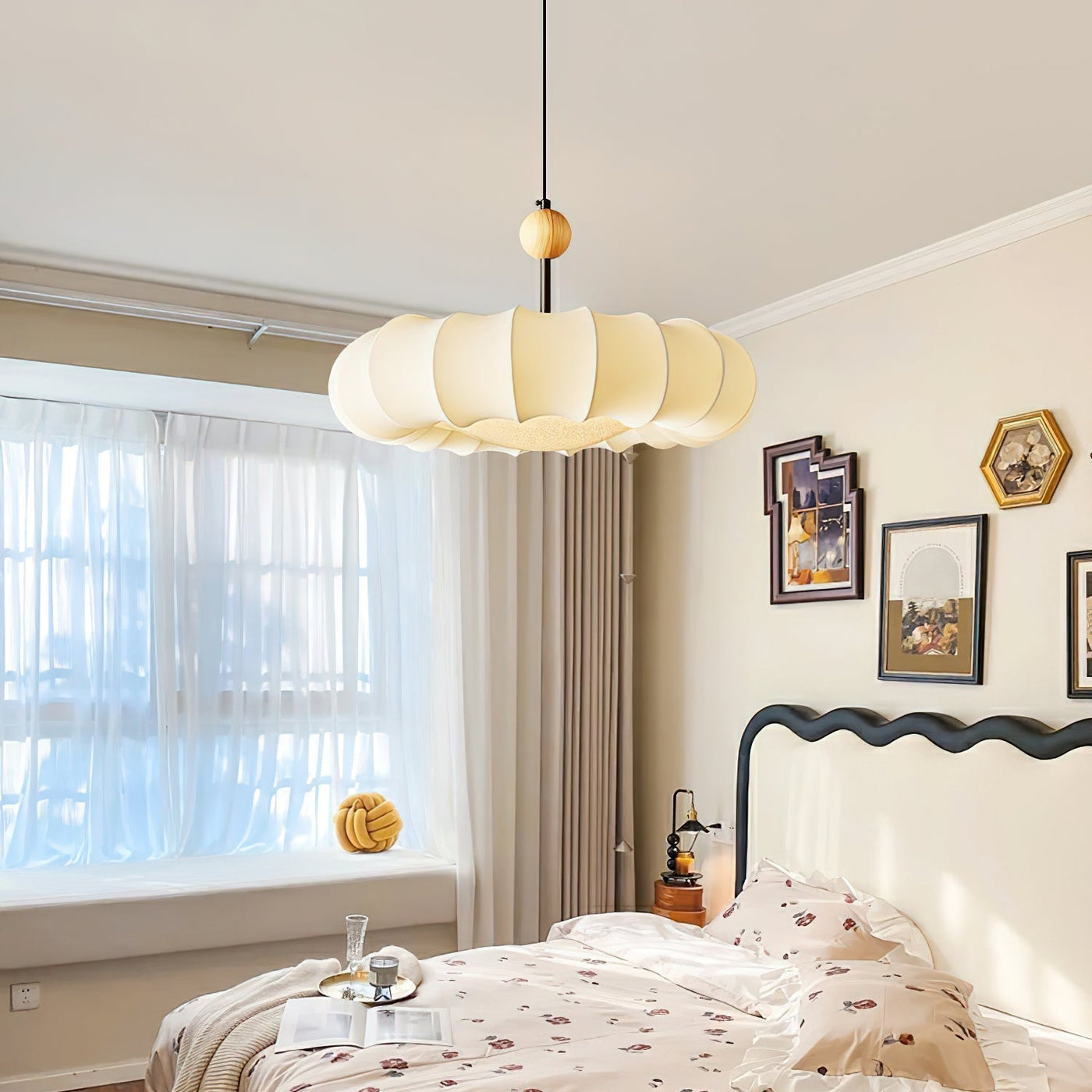 Winnie Veil Pendant Light – Elegant Fabric & Wood LED Ceiling Lamp