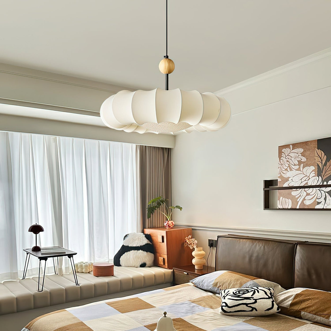 Winnie Veil Pendant Light – Elegant Fabric & Wood LED Ceiling Lamp