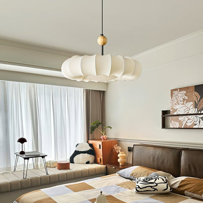 Winnie Veil Pendant Light – Elegant Fabric & Wood LED Ceiling Lamp