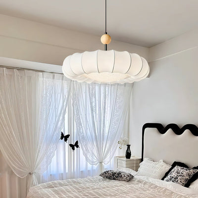 Winnie Veil Pendant Light – Elegant Fabric & Wood LED Ceiling Lamp