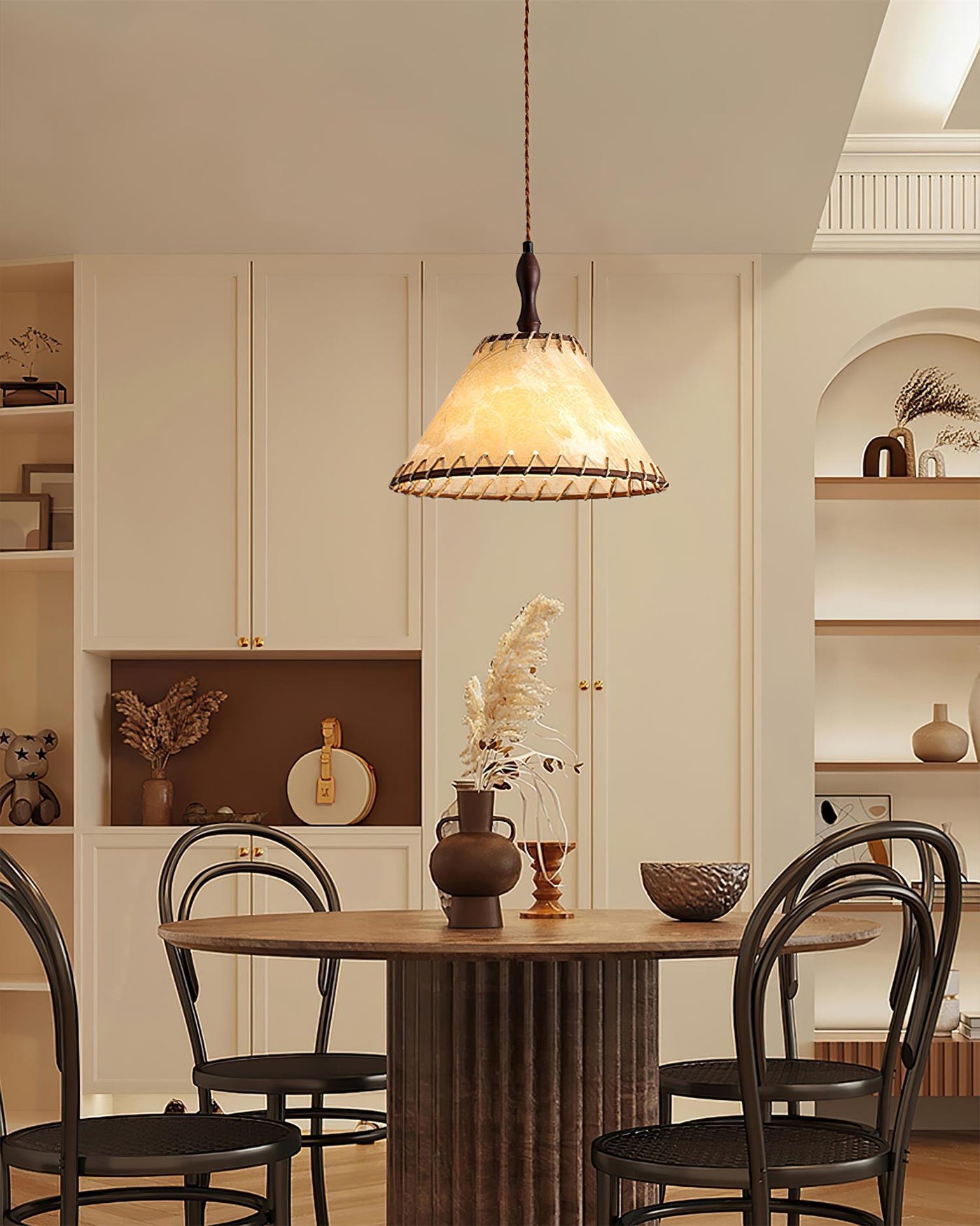 Wood & Fabric Pendant Light – Natural Hanging Lamp (E26/E27, Adjustable Height, 110-240V)