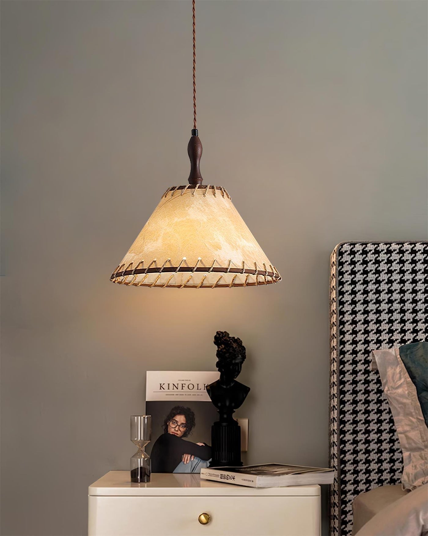 Wood & Fabric Pendant Light – Natural Hanging Lamp (E26/E27, Adjustable Height, 110-240V)
