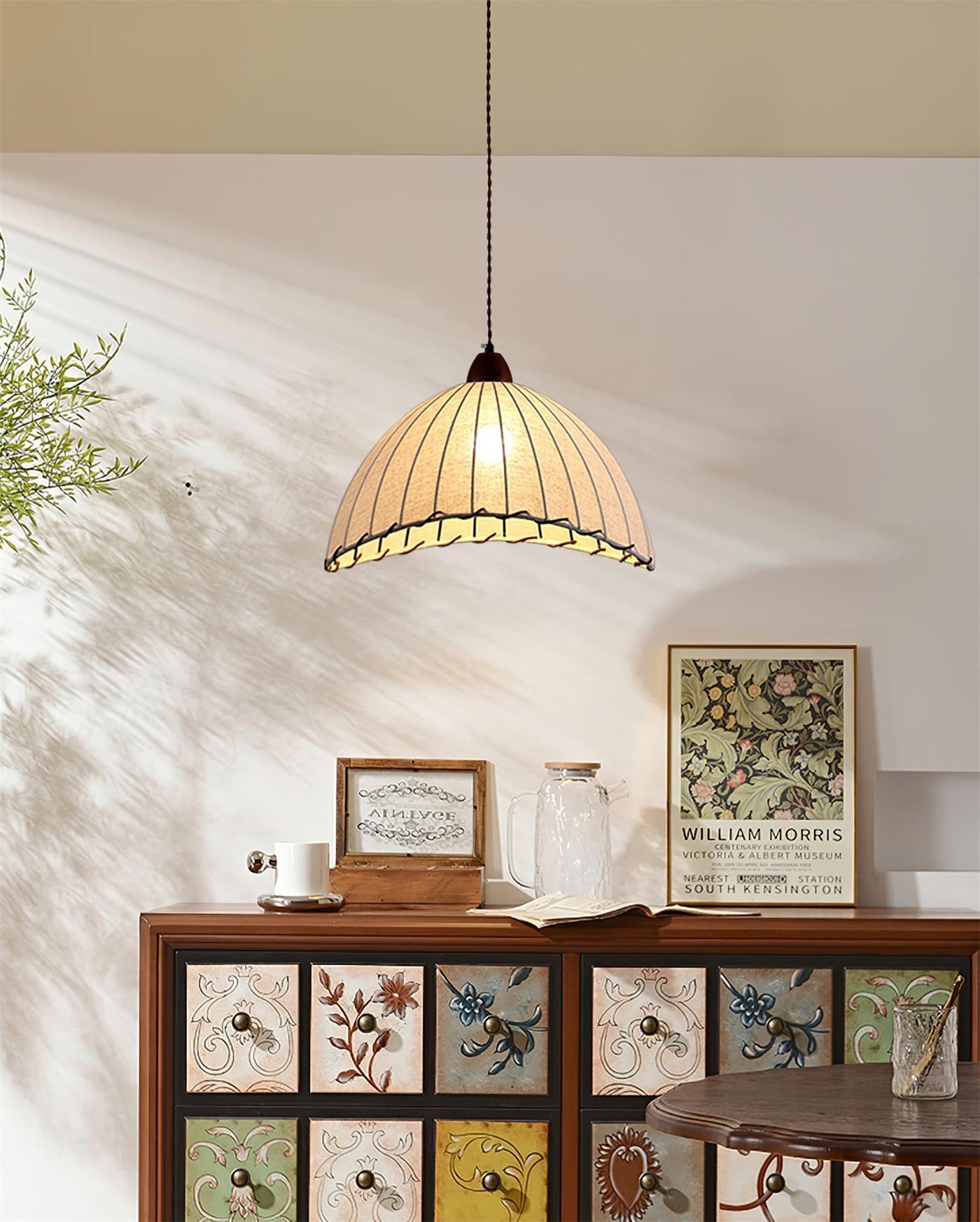 Wood & Fabric Pendant Light – Natural Hanging Lamp (E26/E27, Adjustable Height, 110-240V)