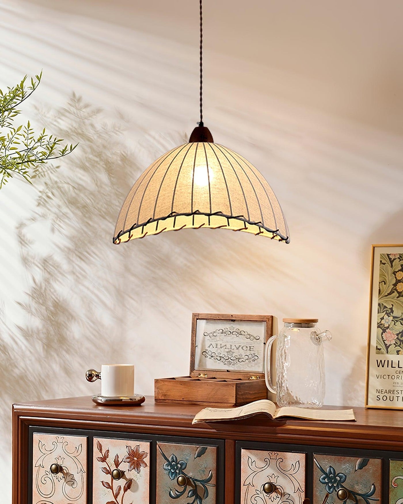 Wood & Fabric Pendant Light – Natural Hanging Lamp (E26/E27, Adjustable Height, 110-240V)