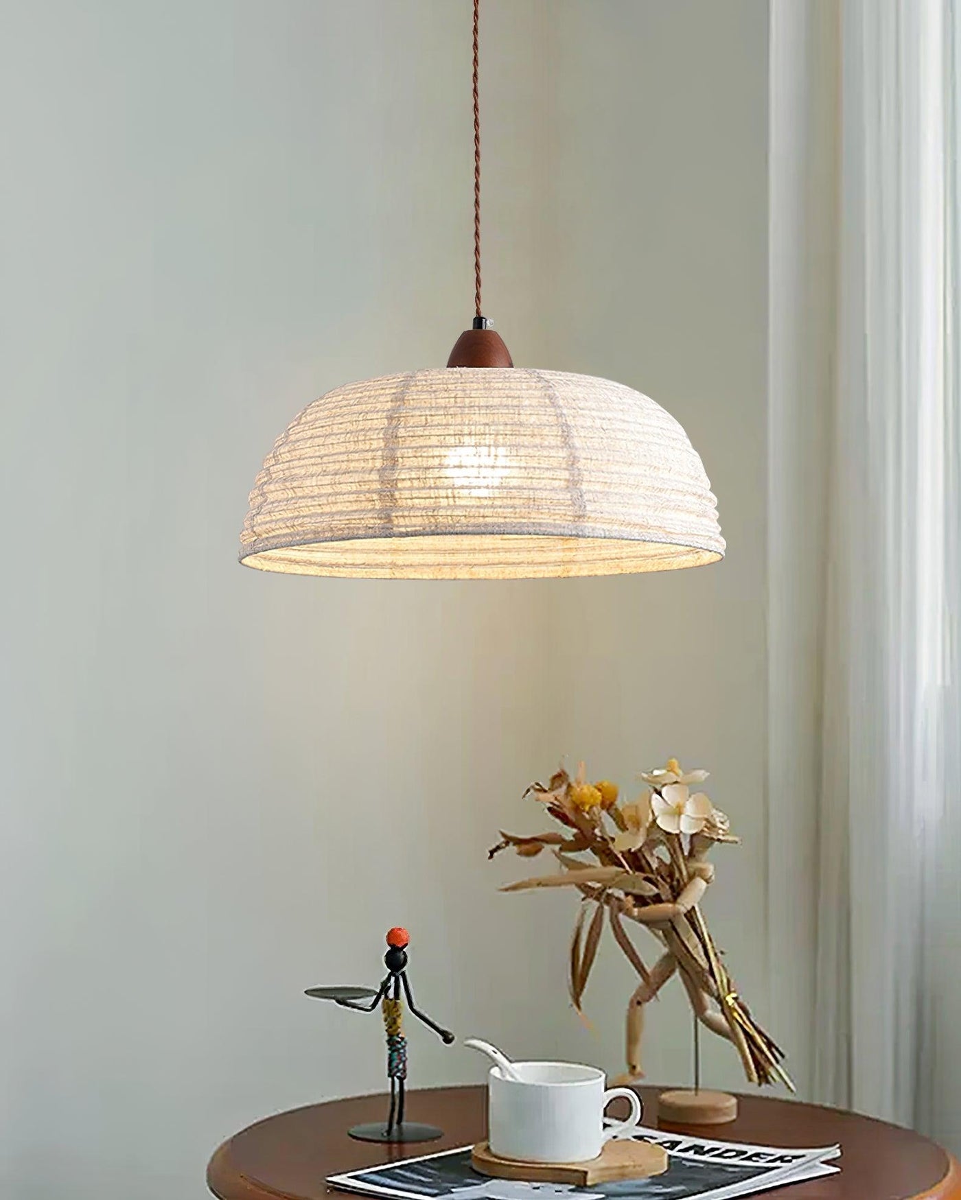 Wood & Fabric Pendant Light – Natural Hanging Lamp (E26/E27, Adjustable Height, 110-240V)