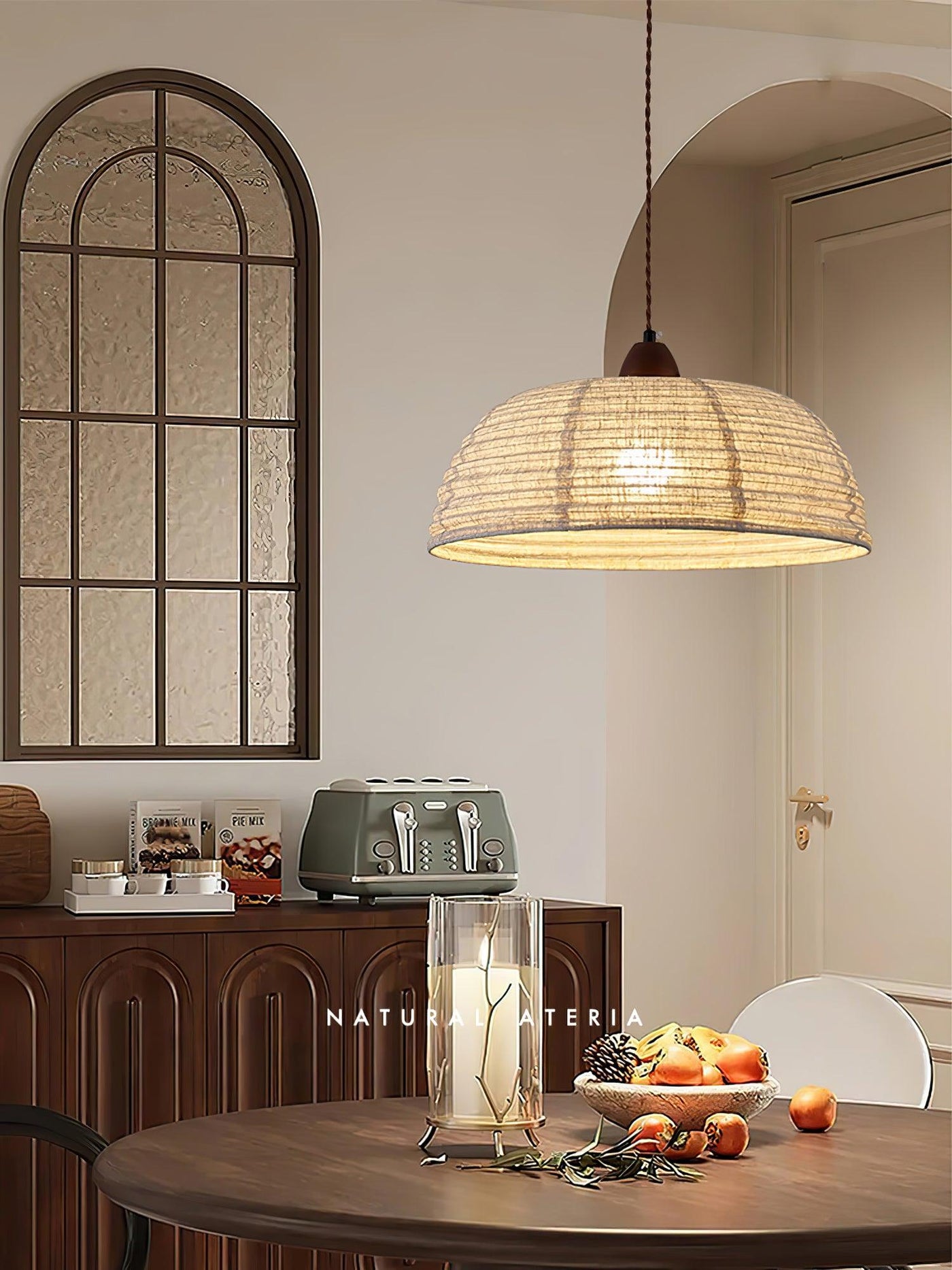 Wood & Fabric Pendant Light – Natural Hanging Lamp (E26/E27, Adjustable Height, 110-240V)