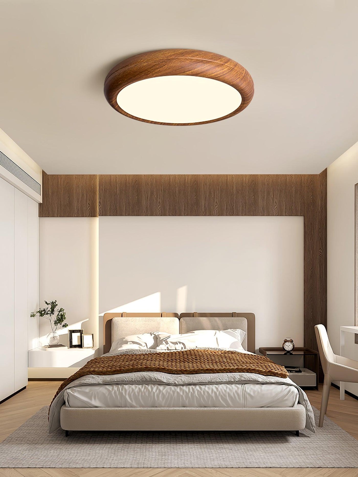 Nordic Round Wooden Ceiling Light – LED Flush Mount (Warm White 3000K, 18W-36W, 110-240V)