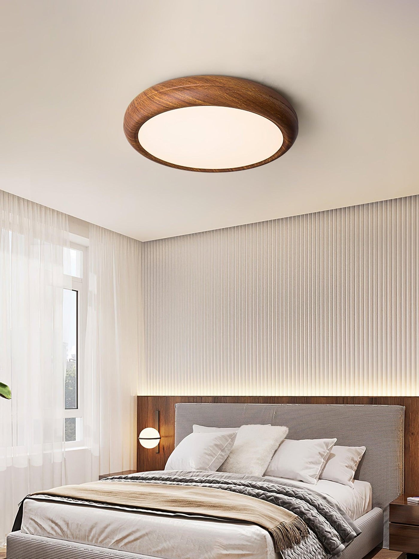Nordic Round Wooden Ceiling Light – LED Flush Mount (Warm White 3000K, 18W-36W, 110-240V)