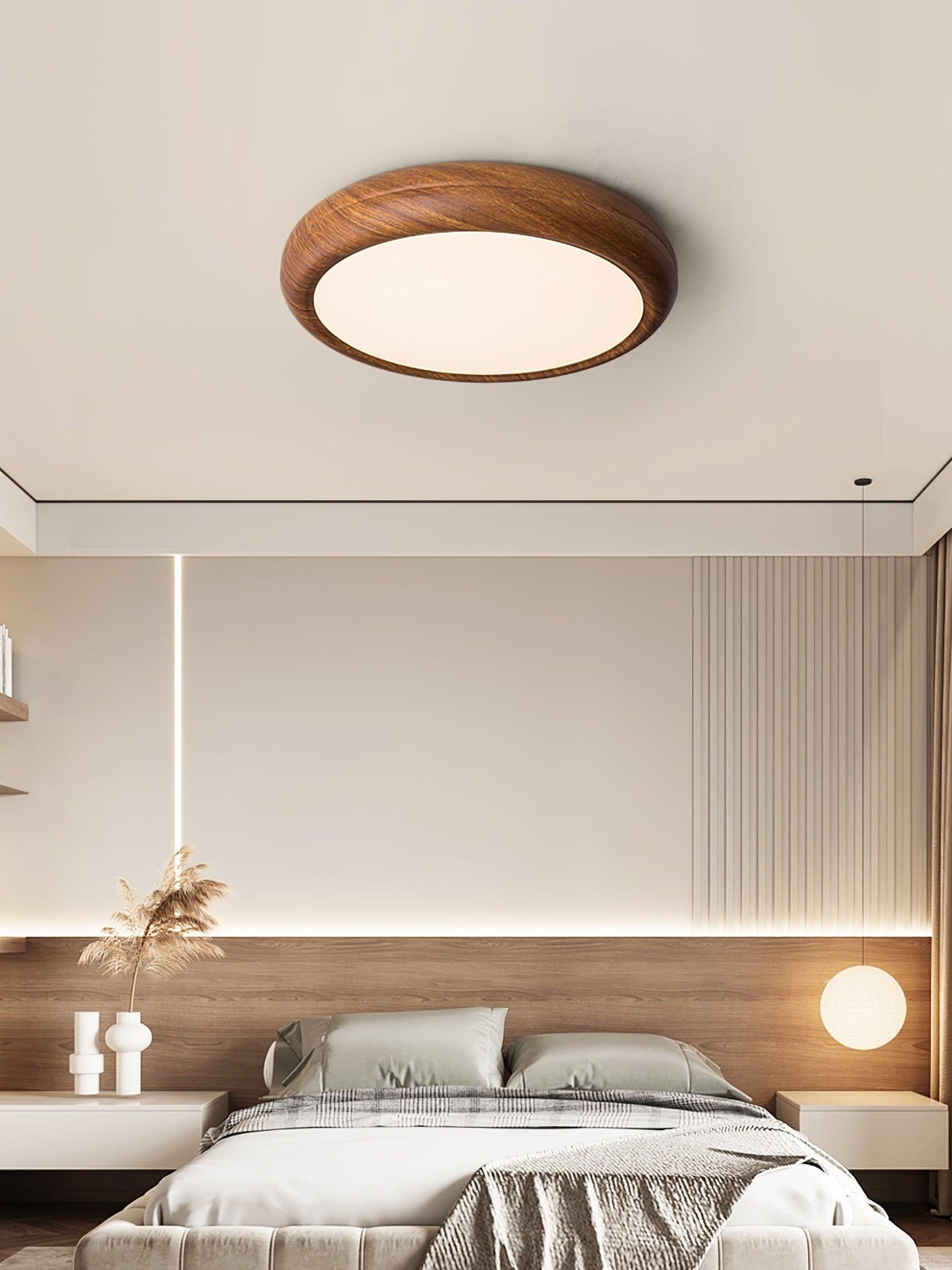 Nordic Round Wooden Ceiling Light – LED Flush Mount (Warm White 3000K, 18W-36W, 110-240V)