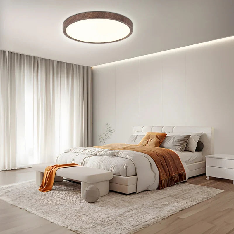 Ultrathin Circular Ceiling Light – Sleek Walnut-Effect LED for a Modern Home