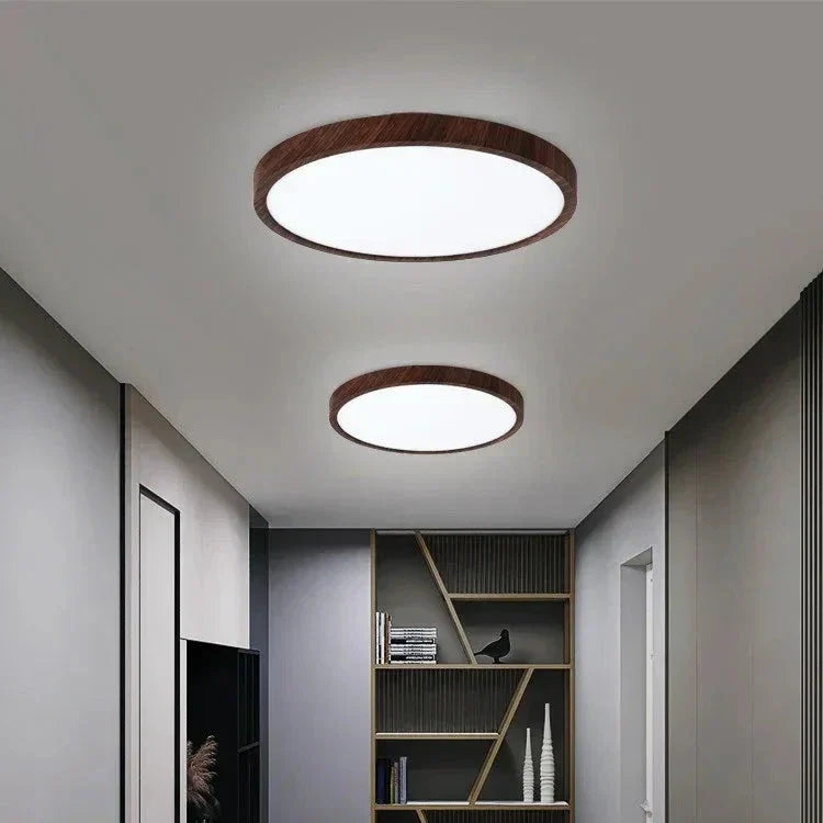 Ultrathin Circular Ceiling Light – Sleek Walnut-Effect LED for a Modern Home