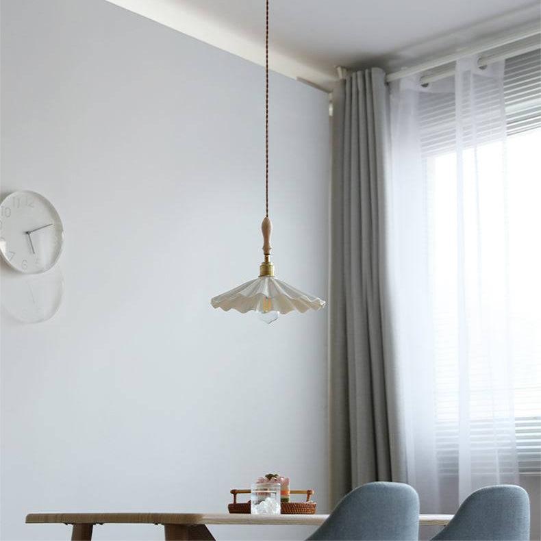 Ceramic Kitchen Island Pendant Light – Elegant Ribbed Hanging Lamp with Wooden & Brass Accents