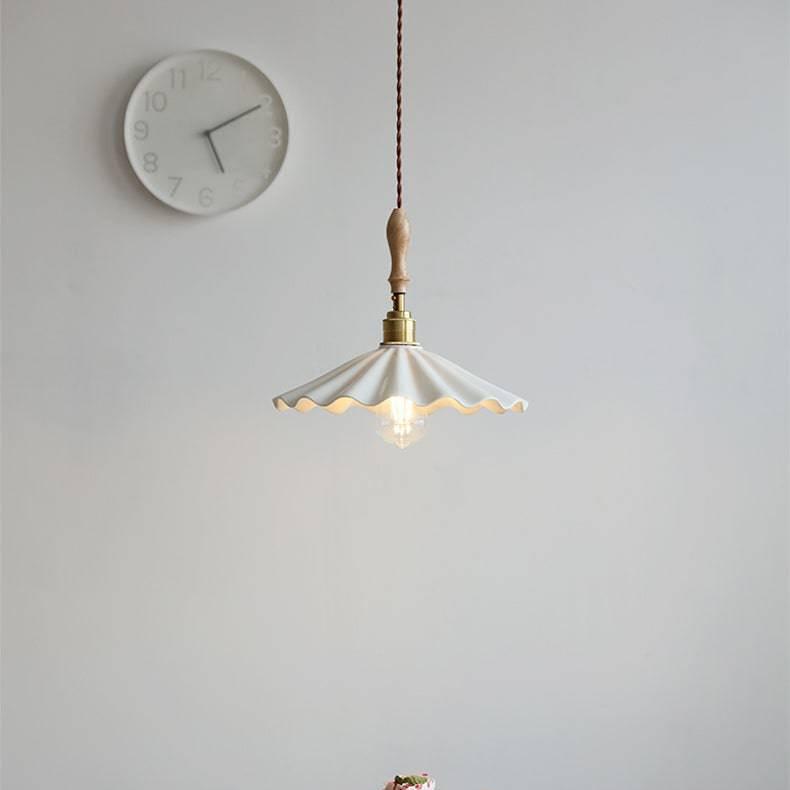 Ceramic Kitchen Island Pendant Light – Elegant Ribbed Hanging Lamp with Wooden & Brass Accents
