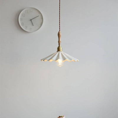 Ceramic Kitchen Island Pendant Light – Elegant Ribbed Hanging Lamp with Wooden & Brass Accents