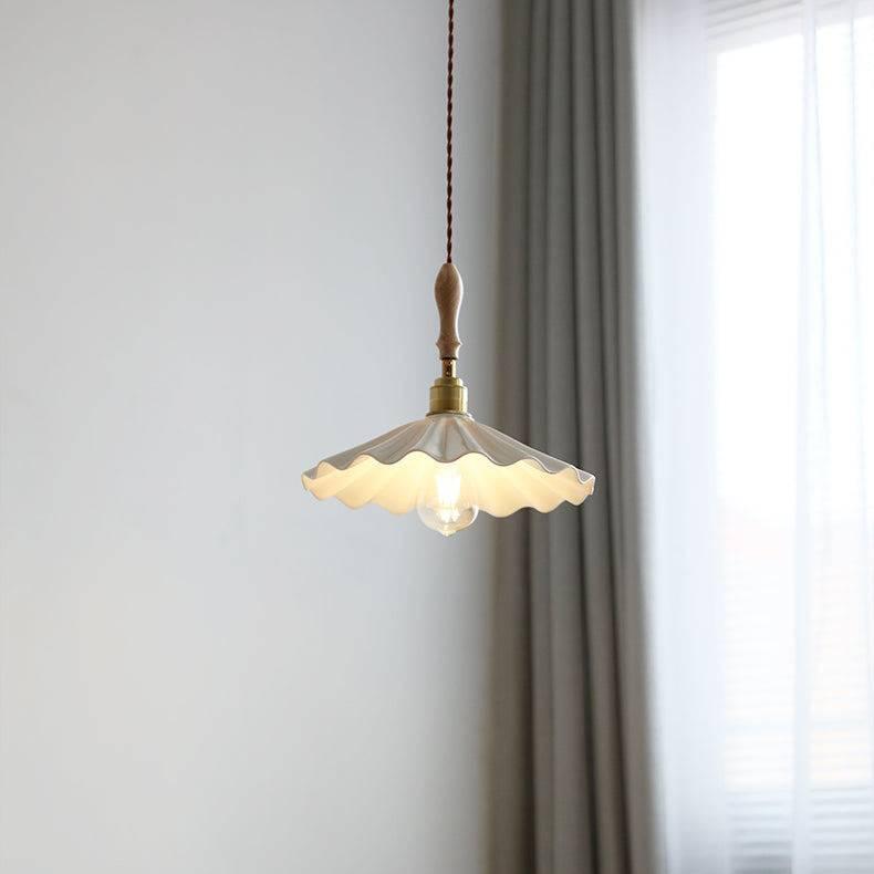 Ceramic Kitchen Island Pendant Light – Elegant Ribbed Hanging Lamp with Wooden & Brass Accents