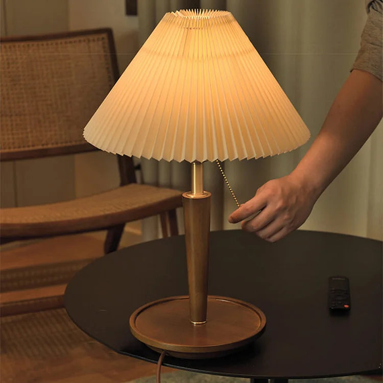 Vintage Pleated Wood Table Lamp – Timeless Elegance with a Warm Glow