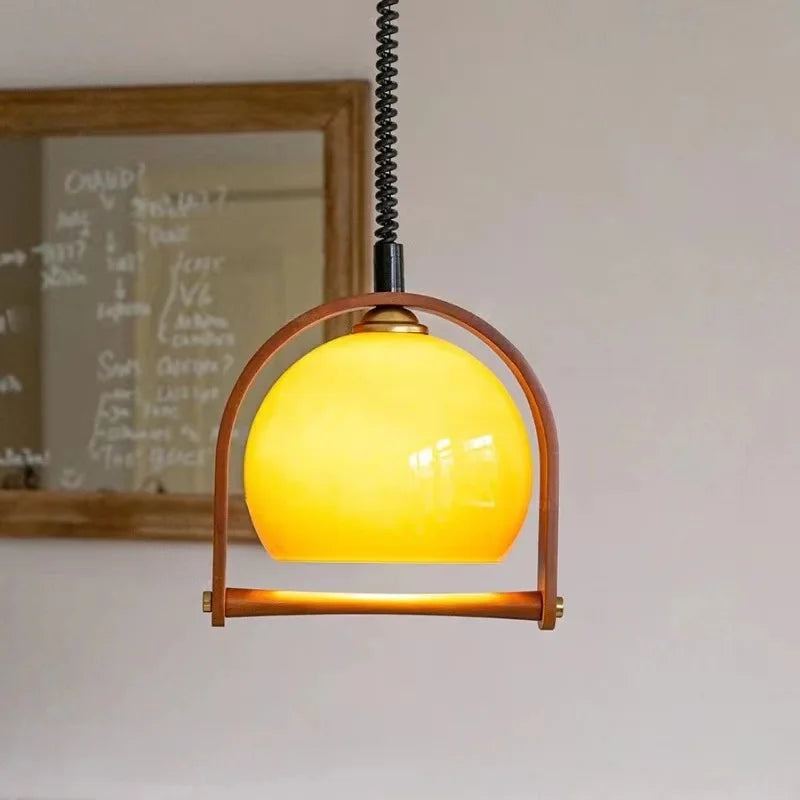 Vintage Bauhaus Wood Pendant Light – Timeless Elegance in Wood & Glass